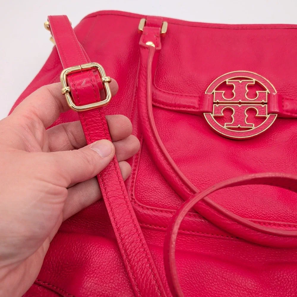 Tory Burch Amanda Hobo Classic Handle Tote Pink Pebbled Leather Crossbody Bag